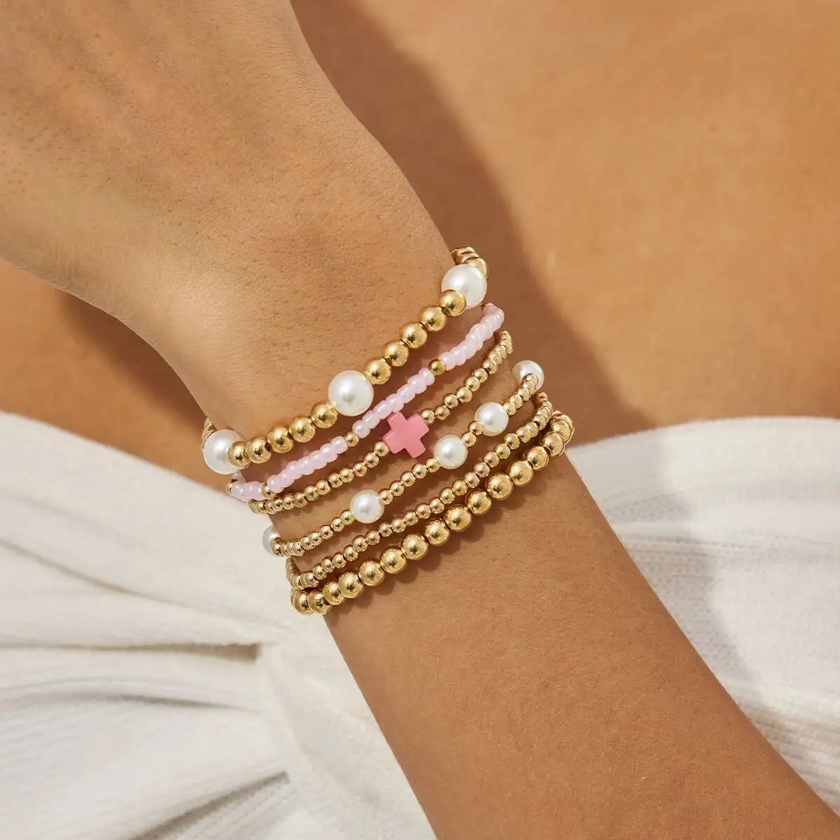 Salircon 4 Stile Punk Vintage Kreuz Imitation Perle Armbänder Frau Luxus Gold Farbe CCB Perlen Armreifen Pulseras Mujer Schmuck
