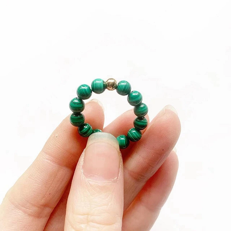 Green Real Malachite Beads Ring 4mm 14k Gold Plated Spacer Bead Stones Finger Rings Crystal Fashion Jewelry Dropship 1pc