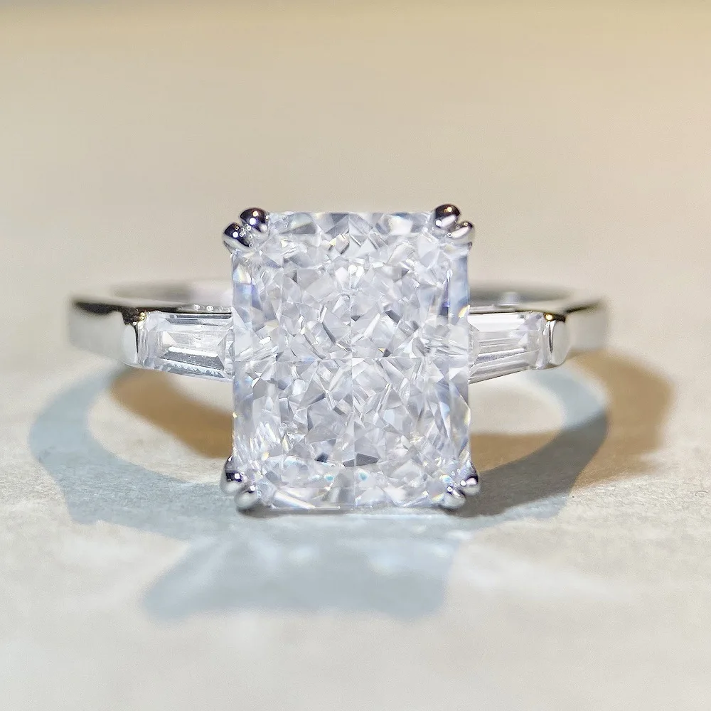 Radiant Cut High Carbon Diamond Rings Luxury 100% s925 Sterling Silver 5A Grade Rectangle Stone Ring Fine Jewellery
