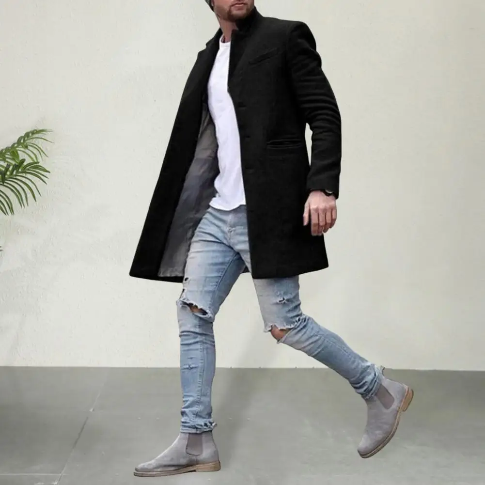 

Thigh-length Wool Coat Elegant Men's Woolen Coat with Lapel Mid-length Overcoat Side Pockets Classic Single Breasted Long