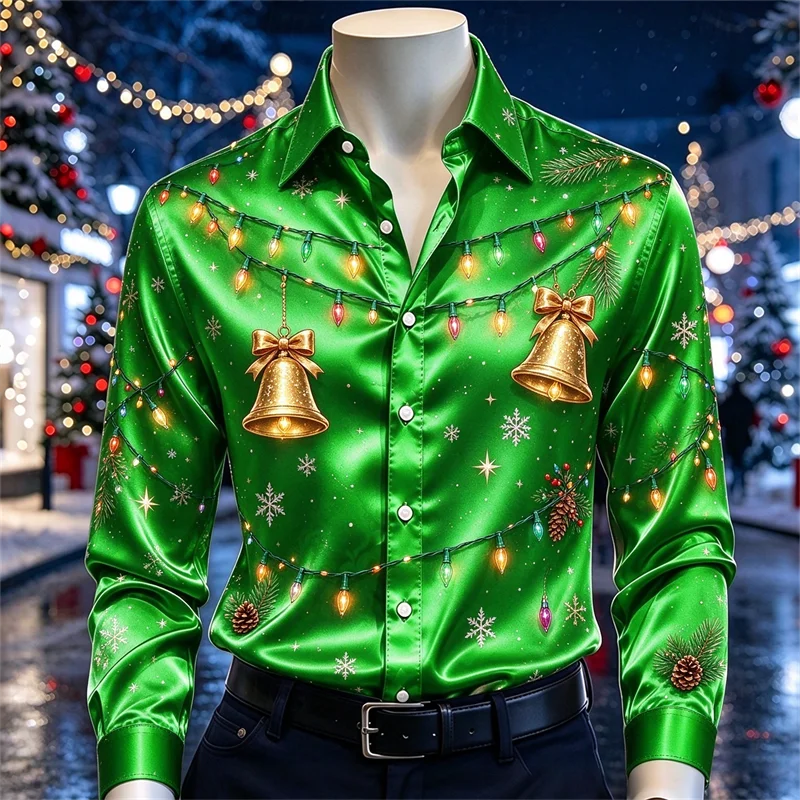 Men's Long Sleeved Shirt Santa Claus Sled Reindeer Print Satin Shirt Collar Button Up Shirt Holiday Party Christmas Costume