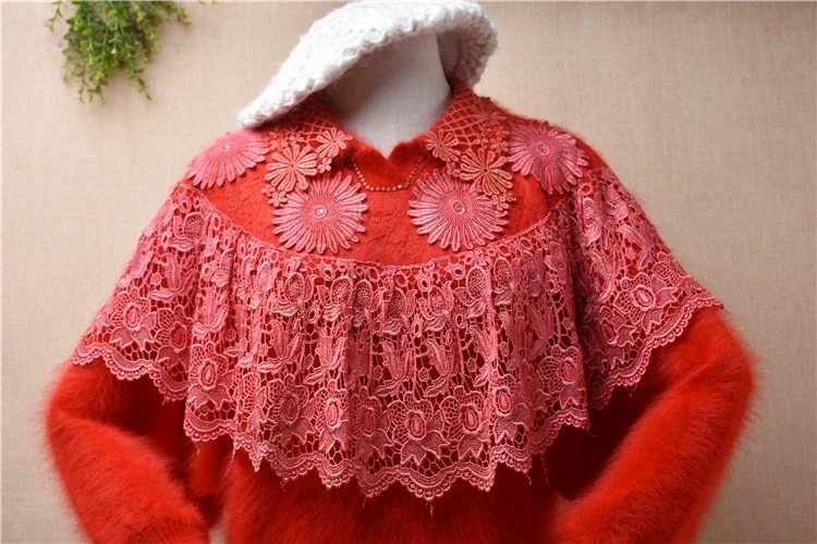 Chinese Style Female Women Vintage Lace Hairy Angora Rabbit Hair turn-Down Neck Loose Angora Fur Pullover Jumper Sweater Pull