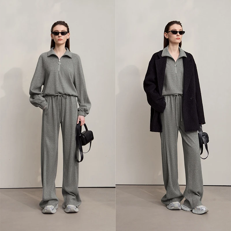 AMII Turtleneck Sweatshirt 2025 Autumn New Loose Knitted Long Sleeves Sweater Pant Solid Color Casual Wide Leg Trousers 12553064