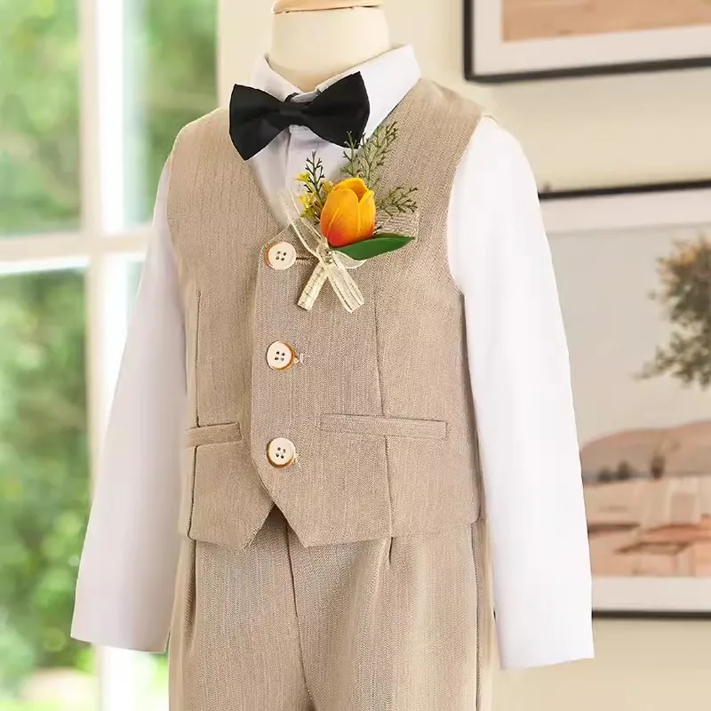 Children Beige Stripe Jacket Vest Pants Bowtie Flower Photography Suit Kid Ceremony Costume Boys Wedding Stage Performance Dress