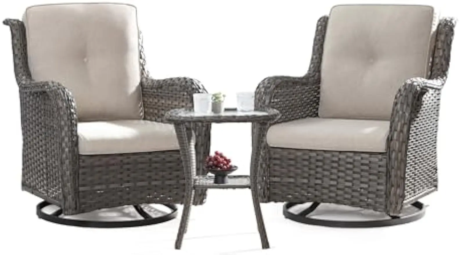 

Outdoor Swivel Rocker Patio Chairs Set of 2 and Matching Side Table, 3 Piece Wicker Patio Bistro Set w/ Premium Fabric Cushions