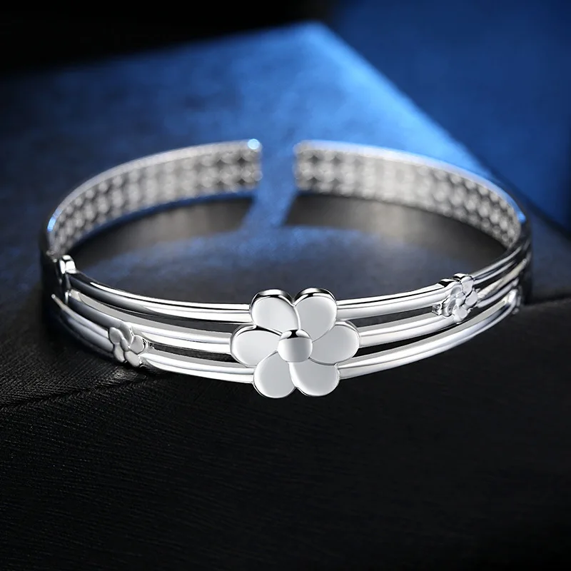 925 Sterling Silver Flower Open Bangle Hand Bracelets For Women Luxury Jewelry  And  Jewellery