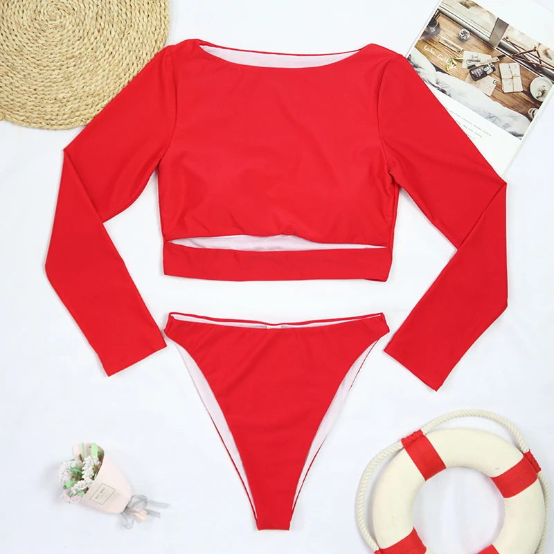 MUOLUX 2024 New Women's Split Bikini Long Sleeved Diving Suit Solid Color Swimsuit High Cut Conservative Bikini