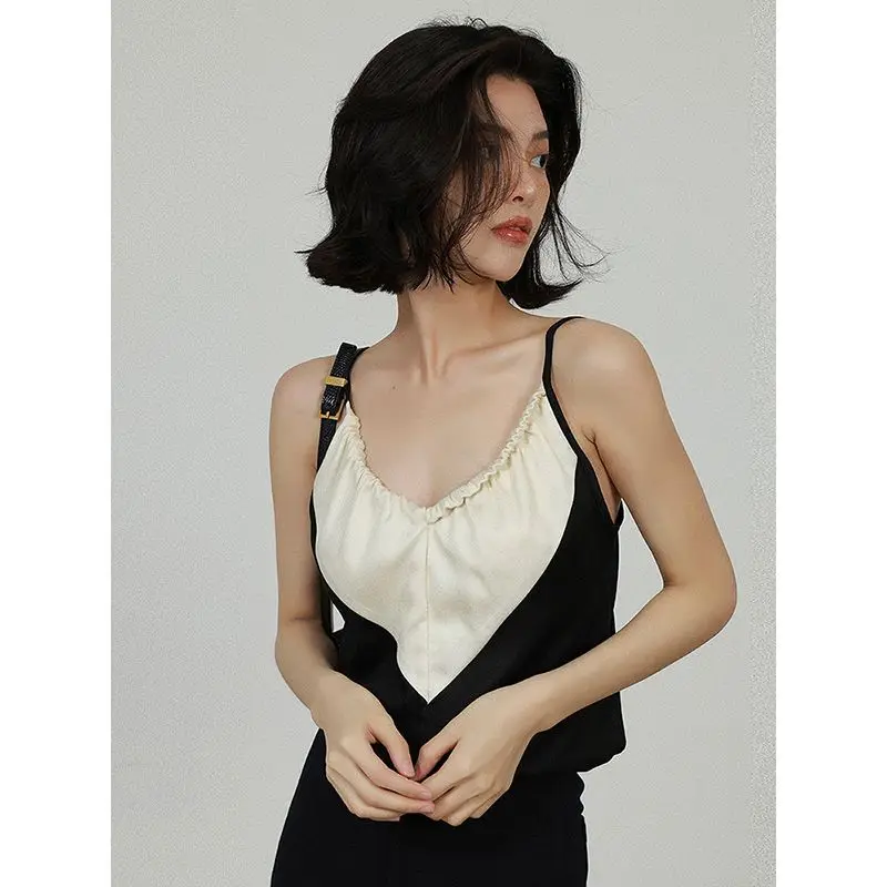 

French Black and White Satin Halter Sling Women's Spring and Summer New Slim-fit Temperament Backing Inner Vest