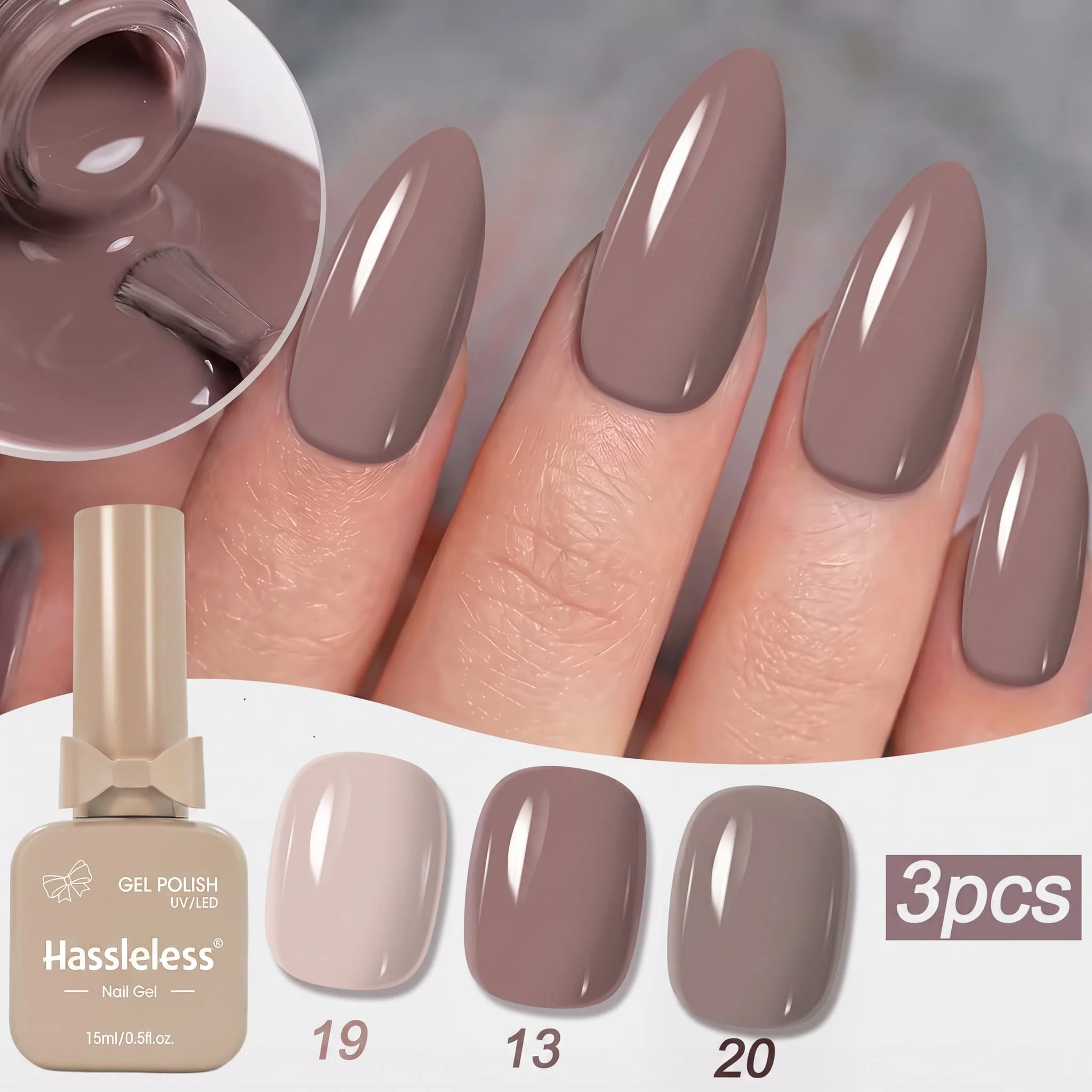 Hassleless 3-Piece Set of Nude Gray Milk Tea Color Nail Polish Gel, Light Nude Milk Tea, Gray-Toned Bean Paste, Cool-Toned Gray Nude Solid Color Nail Polish Gel, Ambiance Home Salon DIY Nail Art Set