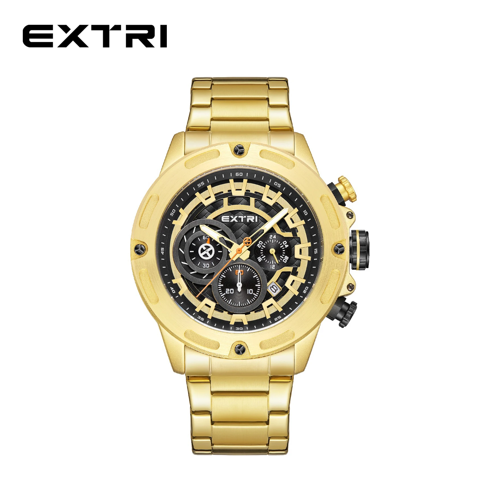 Extri Hot Sale Stainless Steel Luxury Brand Functional Watches Chronograph Men Golden Watches with Discount Price