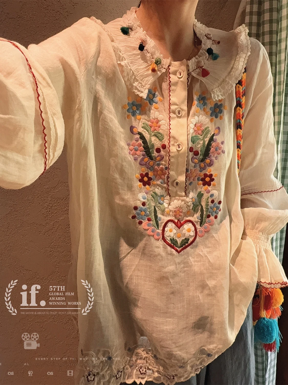 

Оригинальная этническая рубашка с длинными рукавами из хлопка и льна с кружевным воротником и вышивкой для женщин, дышащая, удобная, свободного кроя.