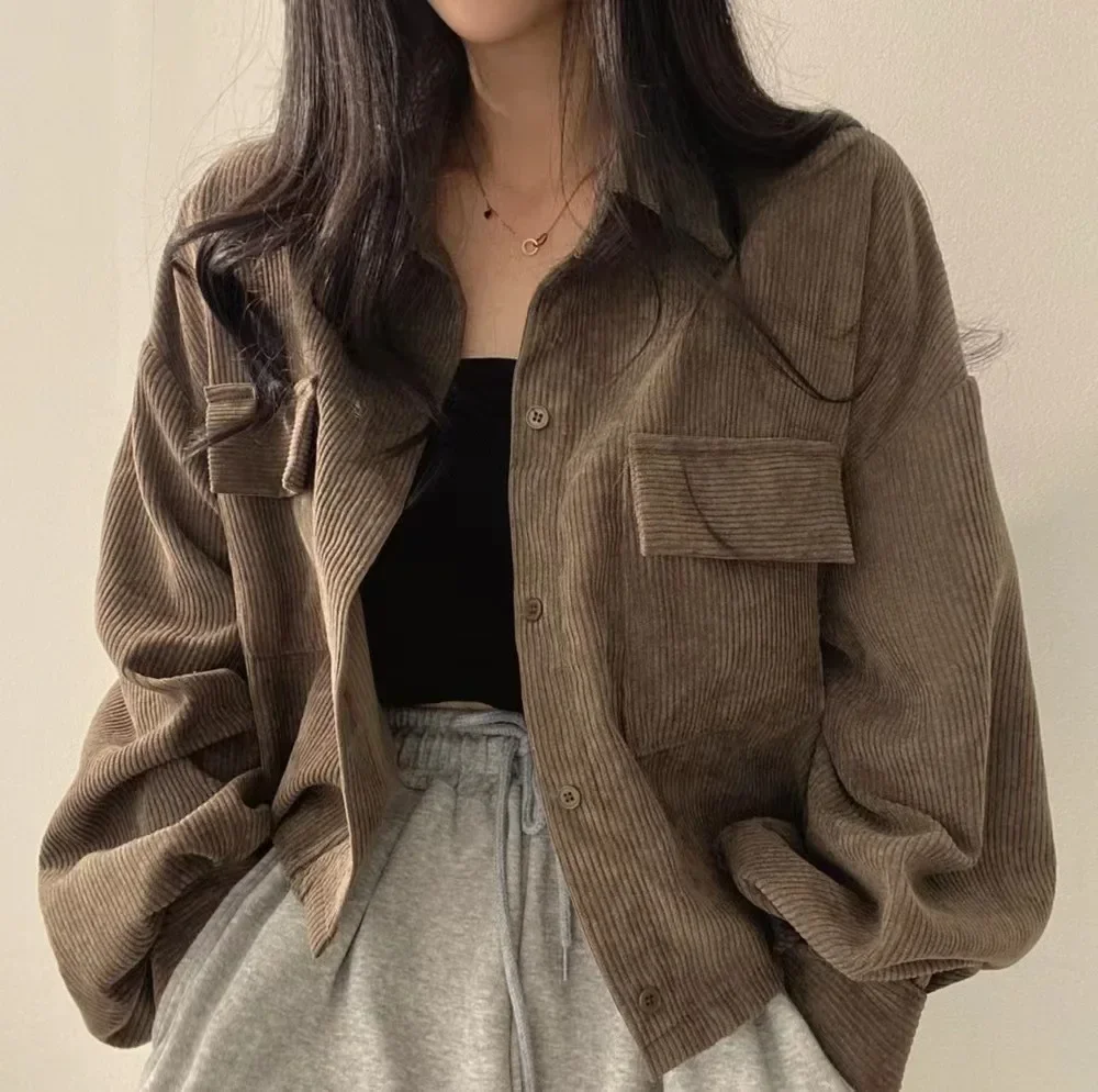 

Autumn New French Vintage Single-Breasted Women Chic Lapel Corduroy Long Sleeve Jacket Trendy Lady Loose Fit Coats