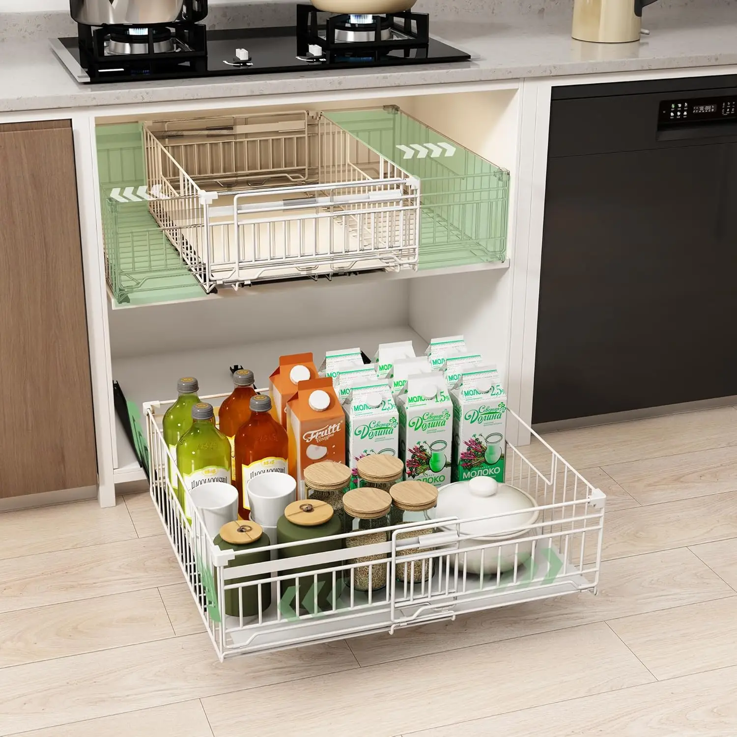 Lot de 2 organiseurs de placard extensibles, barrière de sécurité de 16 cm de hauteur, largeur 33 cm-50 cm, porte-assiettes, rails adhésifs sans perçage, tiroirs coulissants à coller, tiroirs coulissants pour l'organisation des placards de cuisine