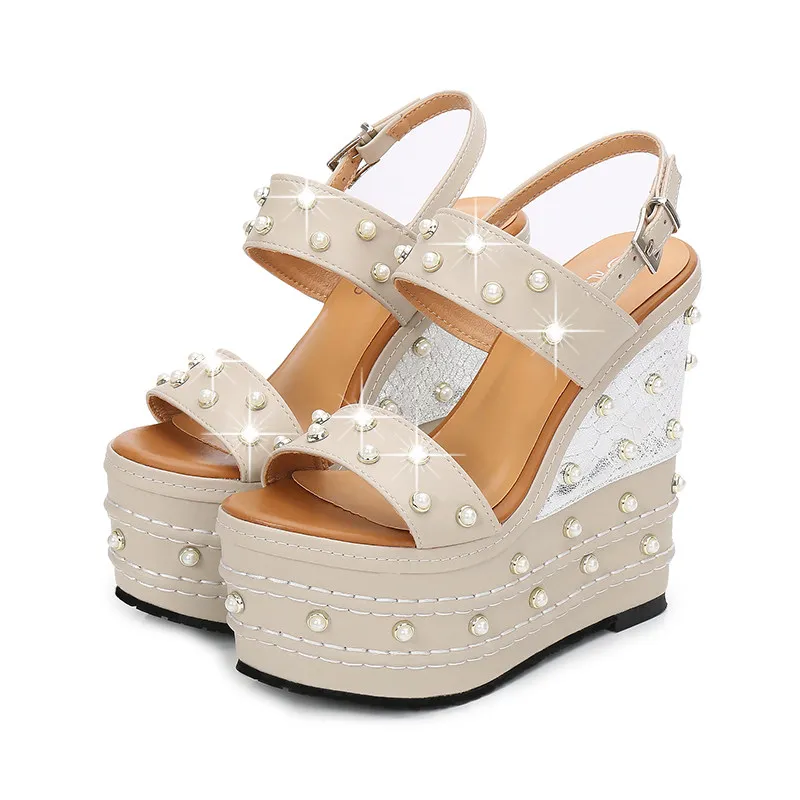 16cm Platform Sandals Women Pearl Wedge Extreme High Heels Runway Thick Bottom Chunky Flatform Summer Nightclub Pole Dance Shoes