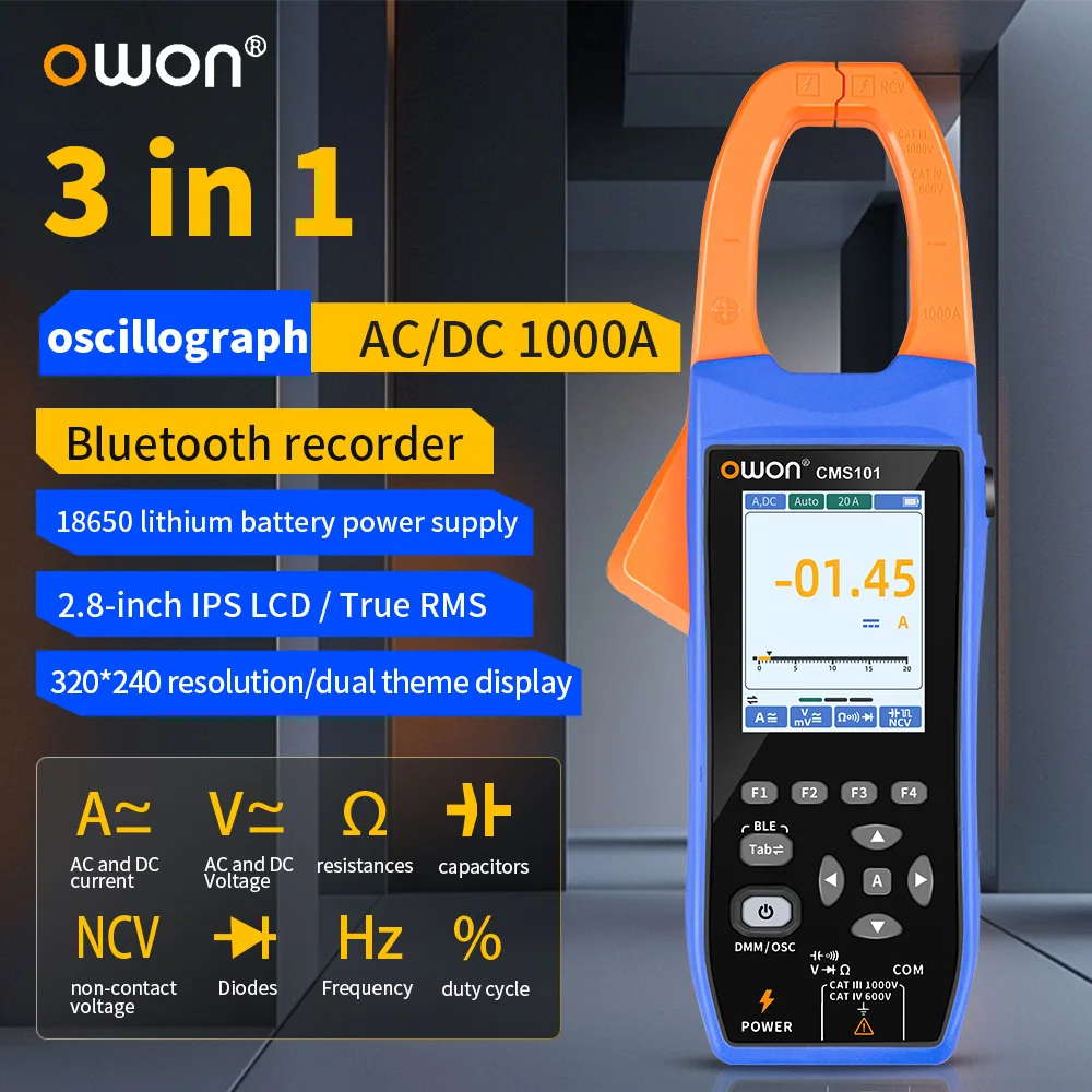 Owon CMS101 1000A AC/DC abrazadera de corriente amperímetro osciloscopio Digital grabadora Bluetooth resistencia de voltaje probador multifunción