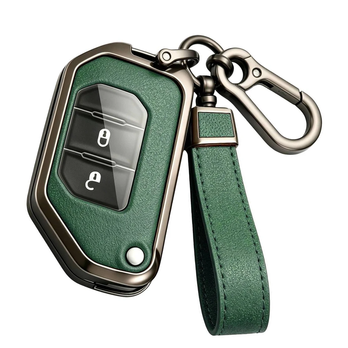 Car Smart Key Cover Zinc Alloy PU Leather Remote Fob Shell Case Green with Chain fit for Jeep Gladiator JT Wrangler JL 2020-2025
