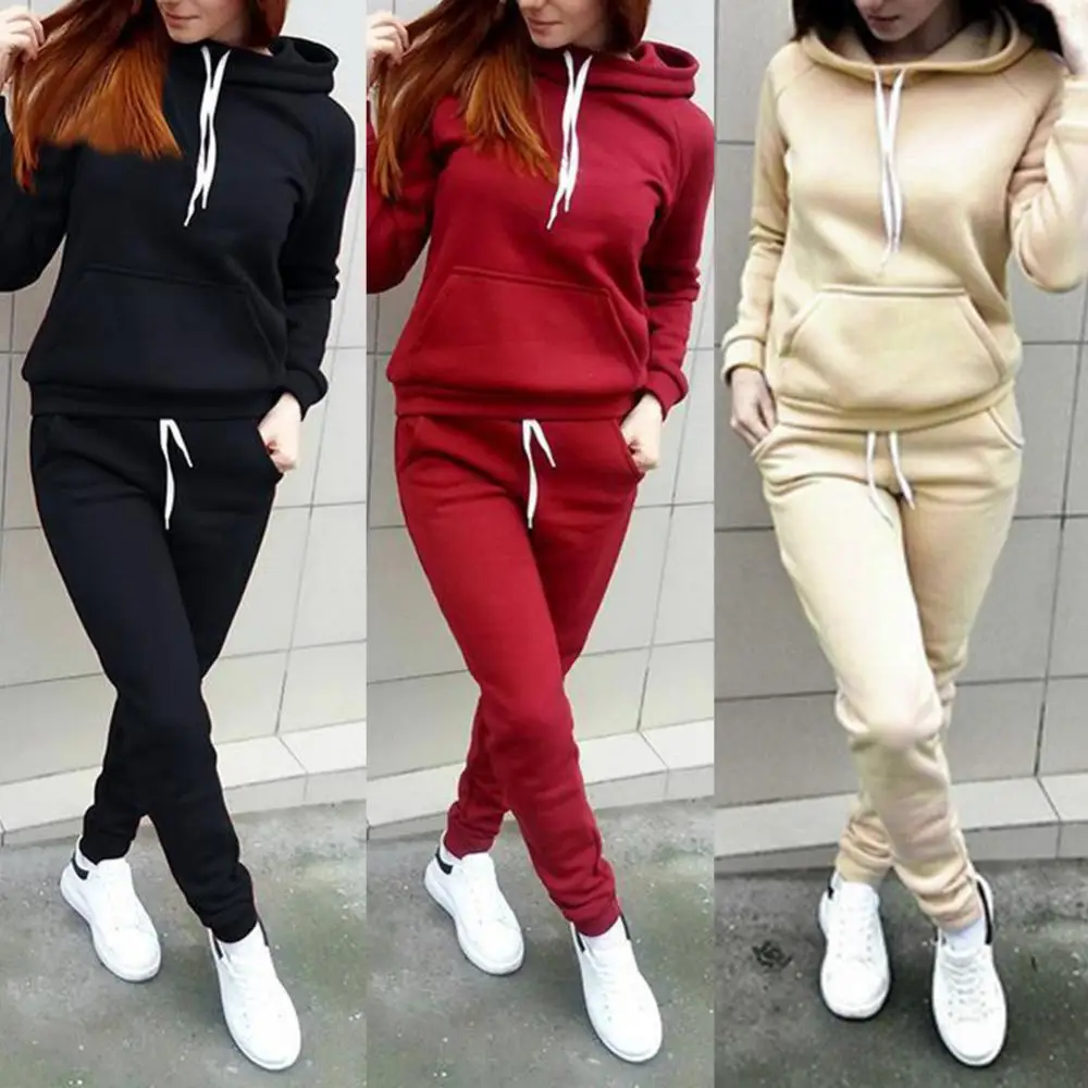 Outono inverno com capuz moletom calças conjunto feminino agasalho casual hoodies moletom calça conjunto esporte terno casual calças com capuz