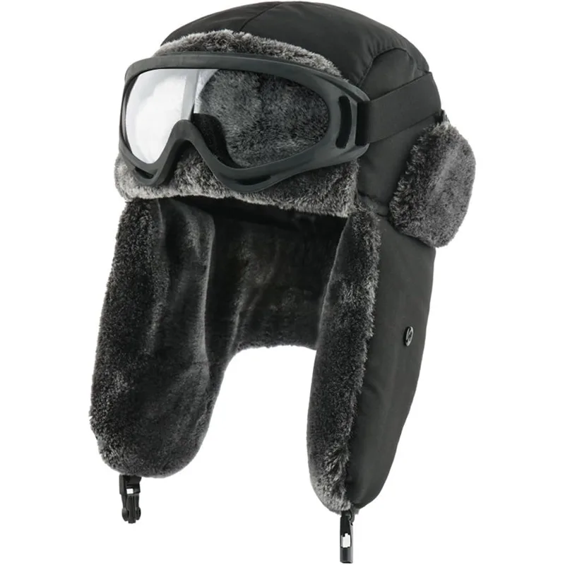 Snow Ski Army Military Ushanka Hats with Goggle Faux Rabbit Fur Pilot Earflap Trapper Men Women Winter Warm Bomber Waterproof
