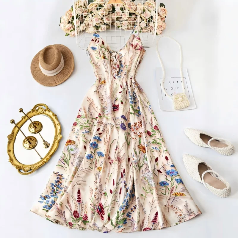

Women's 2026 Colorful Painting Print Spaghetti Strap Dress – Plus Size Slimming A-line Maxi Dress, European & American Style