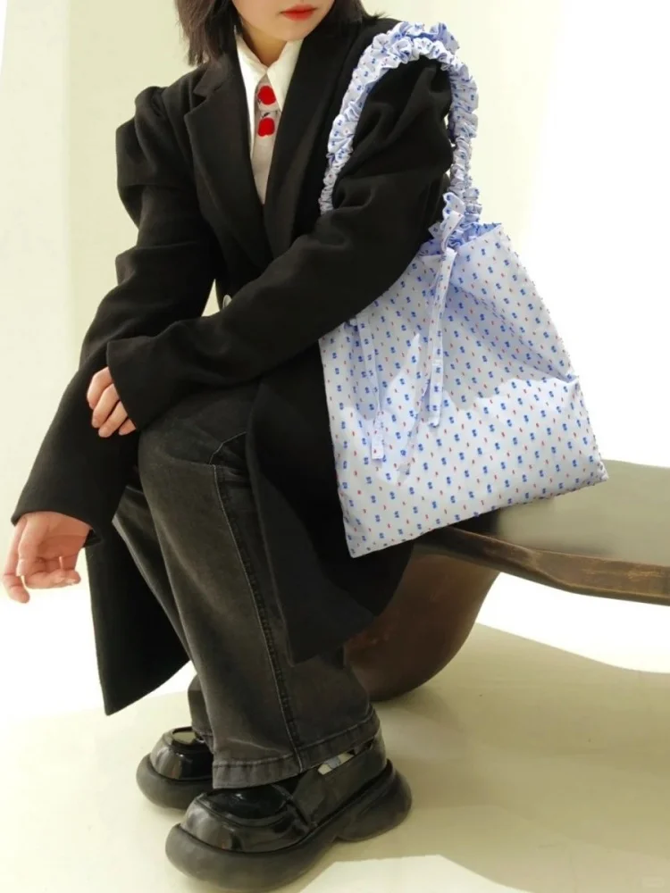 Korean Blue Print Bow Ruched Casual Large Capacity Handbag Tote Bags Women Commute Shoulder Bag