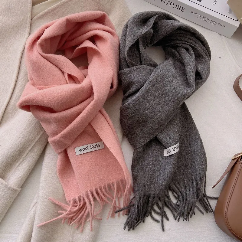 Quality Cashmere~ 100% Wool Solid Color Scarf Women Man Winter Warm Neck Scarves with Tassel Shawl Luxury Cashmere Scarf Wrap