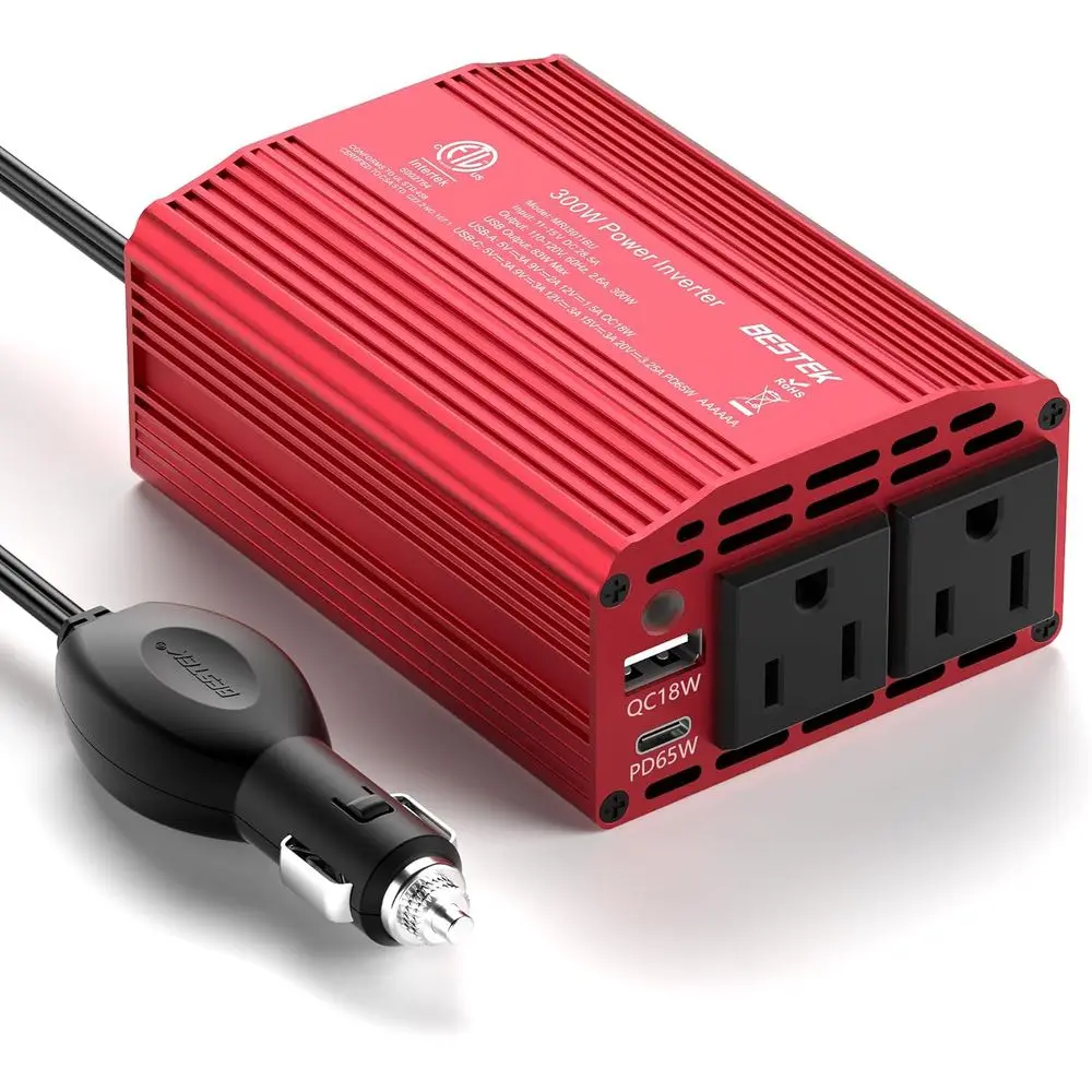 

300W Car Power Inverter with 65W USB-C and QC3.0 Ports - 12V DC to 110V AC Converter - Red