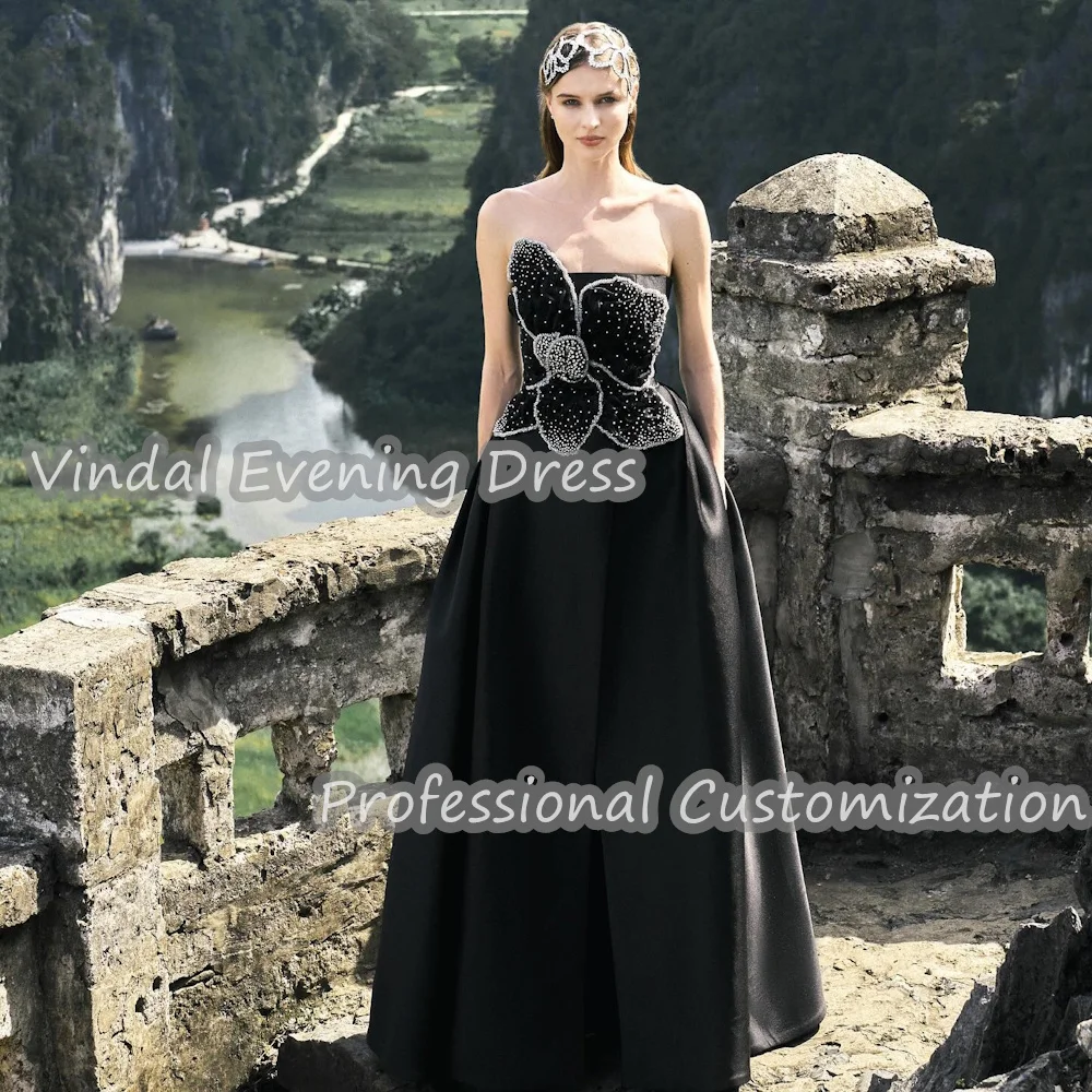 Vindal Evening Dress Strapless Floor Length A-Line Satin Built-in Bra Beaded Sexy Elegant Sleeveless Saudi Arabia For Woman 2024