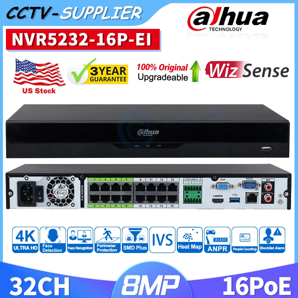 

Dahua Wizsense NVR5232-16P-EI 32Channels 5-Series 2-Bay 1U 2HDD AI 16-PoE 32MP NVR AI-By NVR HDMI VGA Network Recorder