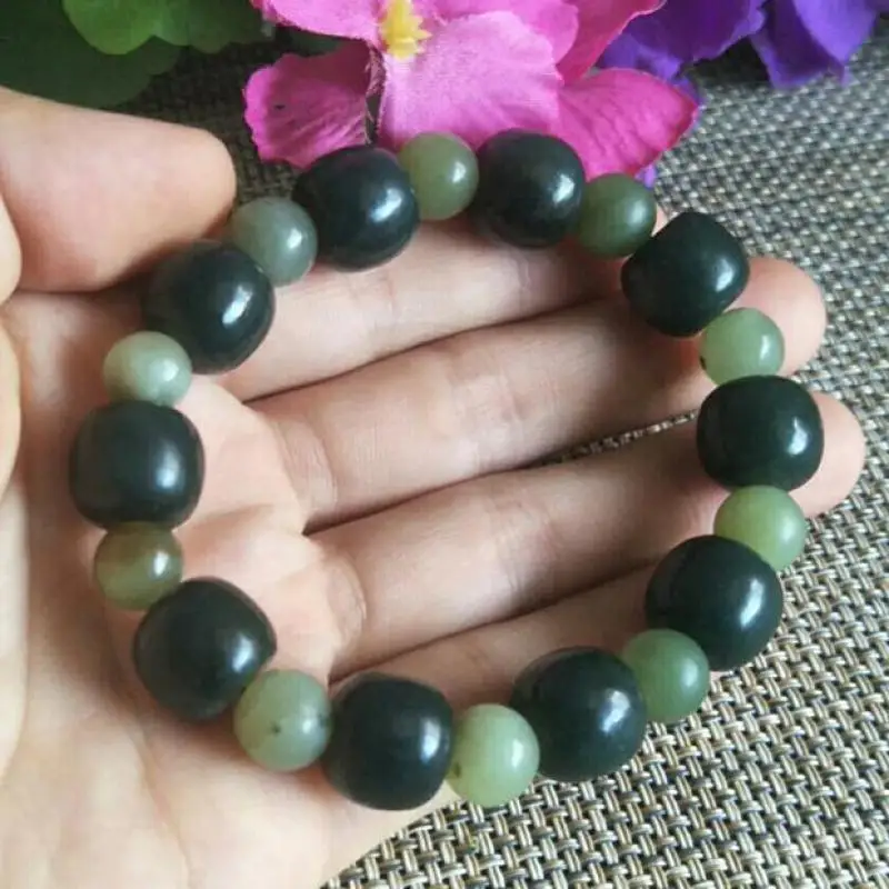 

Natural Green Jades Bracelet Men Women Healing Bangle Chinese Hetian Nephrite Beads Barrel Beads With Jade Round Bead Bracelets
