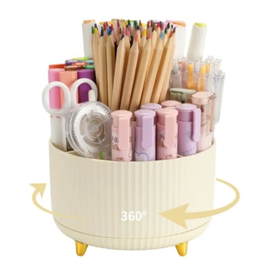 

Pen Holder For Desk With 5 Slots 360°Rotating Pencil Holder Makeup Organiezr Teacher Supplies Office decor beige
