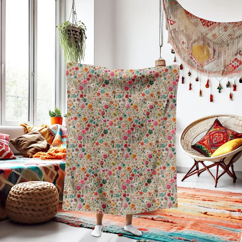 Wildflowers Überwurfdecke, Boho-Überwurfdecke, Cottagecore-Überwurfdecke, Cottagecore-Fleece-Decke, Cottagecore-Dekor, Wildflowers Meadow
