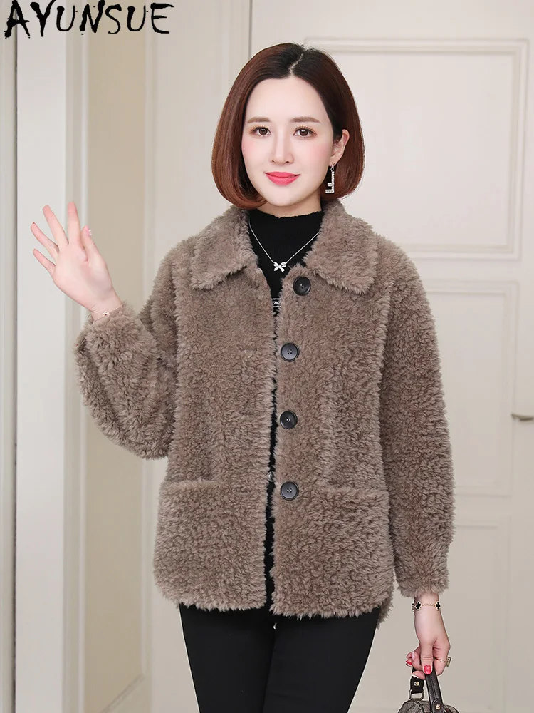 AYUNSUE 100% Wool Coat Women 2025 Real Sheep Shearling Jacket Winter Clothing Female Composite Fur Пальто Женское New in Coats