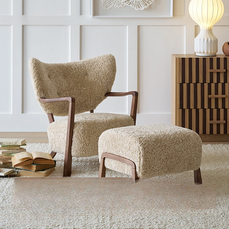 

Leisure chair milk tea brown French retro style solid wood medium ancient style lamb wool single