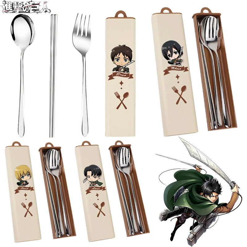 

3Pcs 304 Stainless Steel Cutlery Set Anime Attack on Titan Eren Chopstick Fork Spoon Knife Travel Tableware Set Storage Box Gift