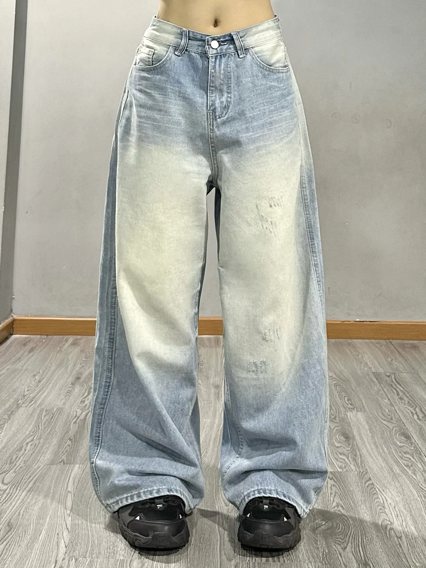 

Retro American Waed Light Blue Denim Jeans High Waist Straight Leg Floor Length Pants Women's Faion Street Sle Summer