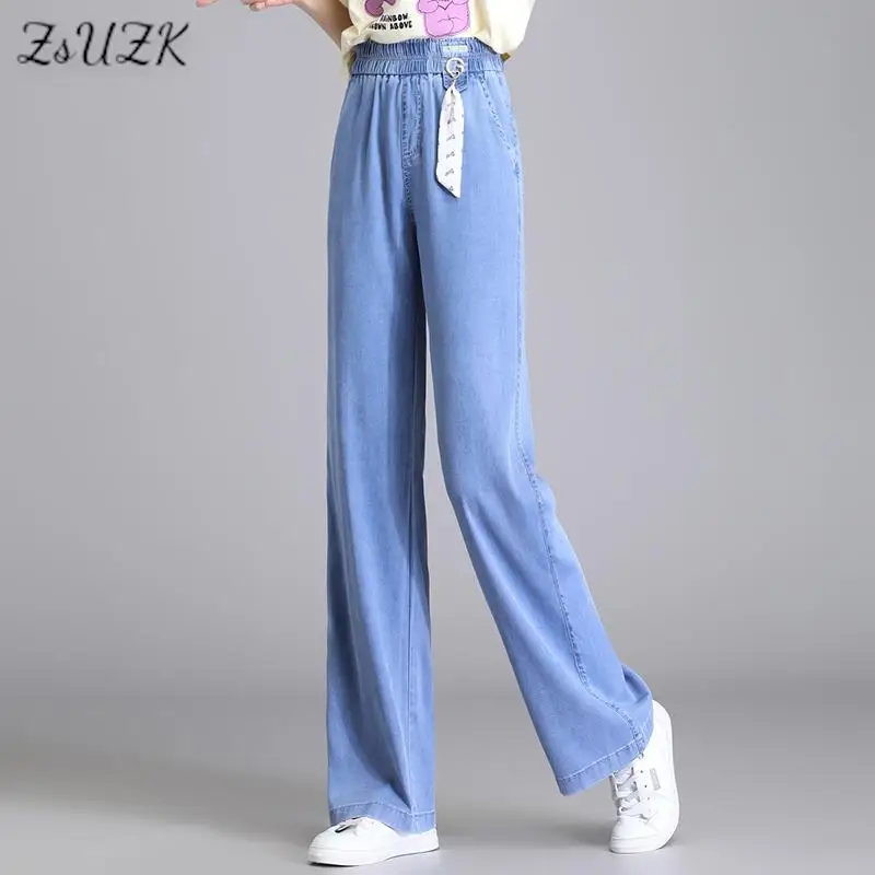 ZUZK Summer Thin Women Suitable straight Wide Leg Jeans Loose Droop Elastic Waist Denim Long Pants Korean lyocell Casual Pants