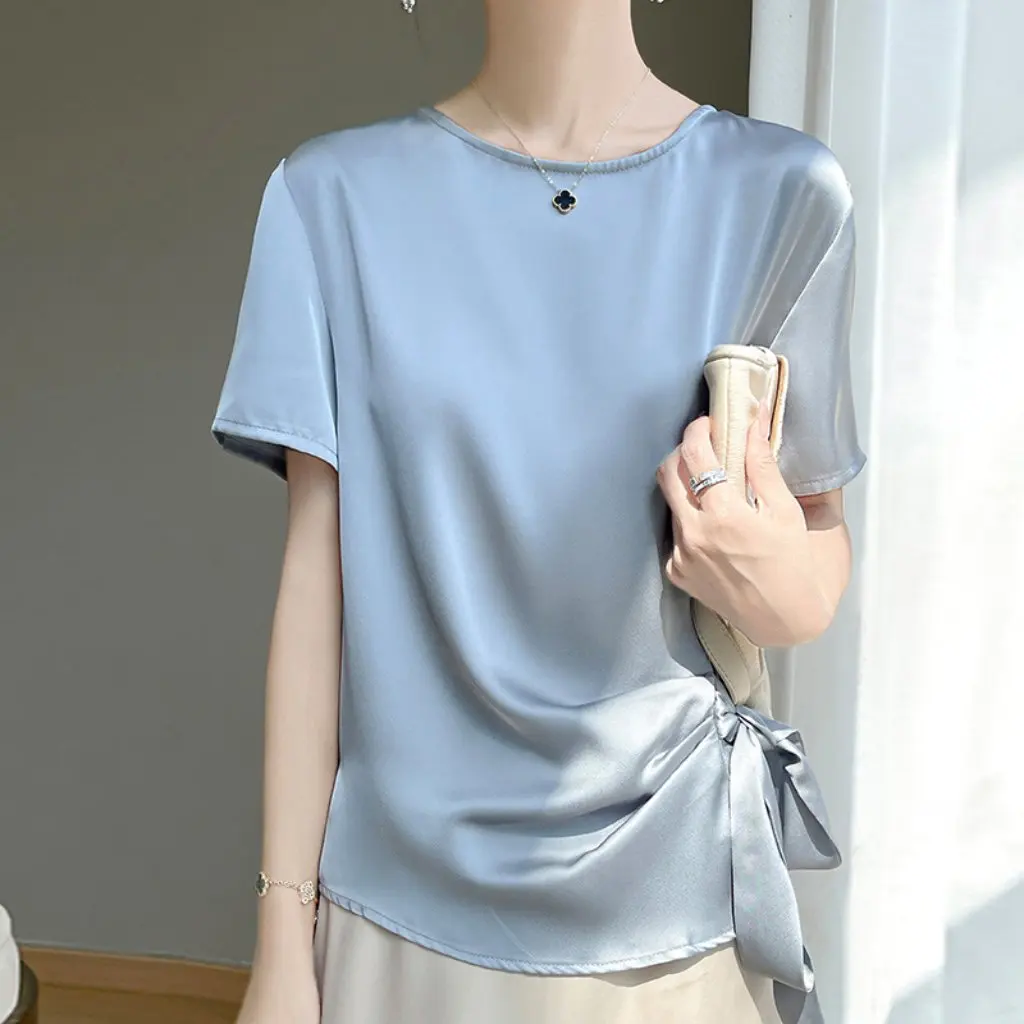 

Women's Satin Design Short-Sleeved T-Shirt High-Waist Bow Top Korean Style Summer High-End Fashion Non-Acetate