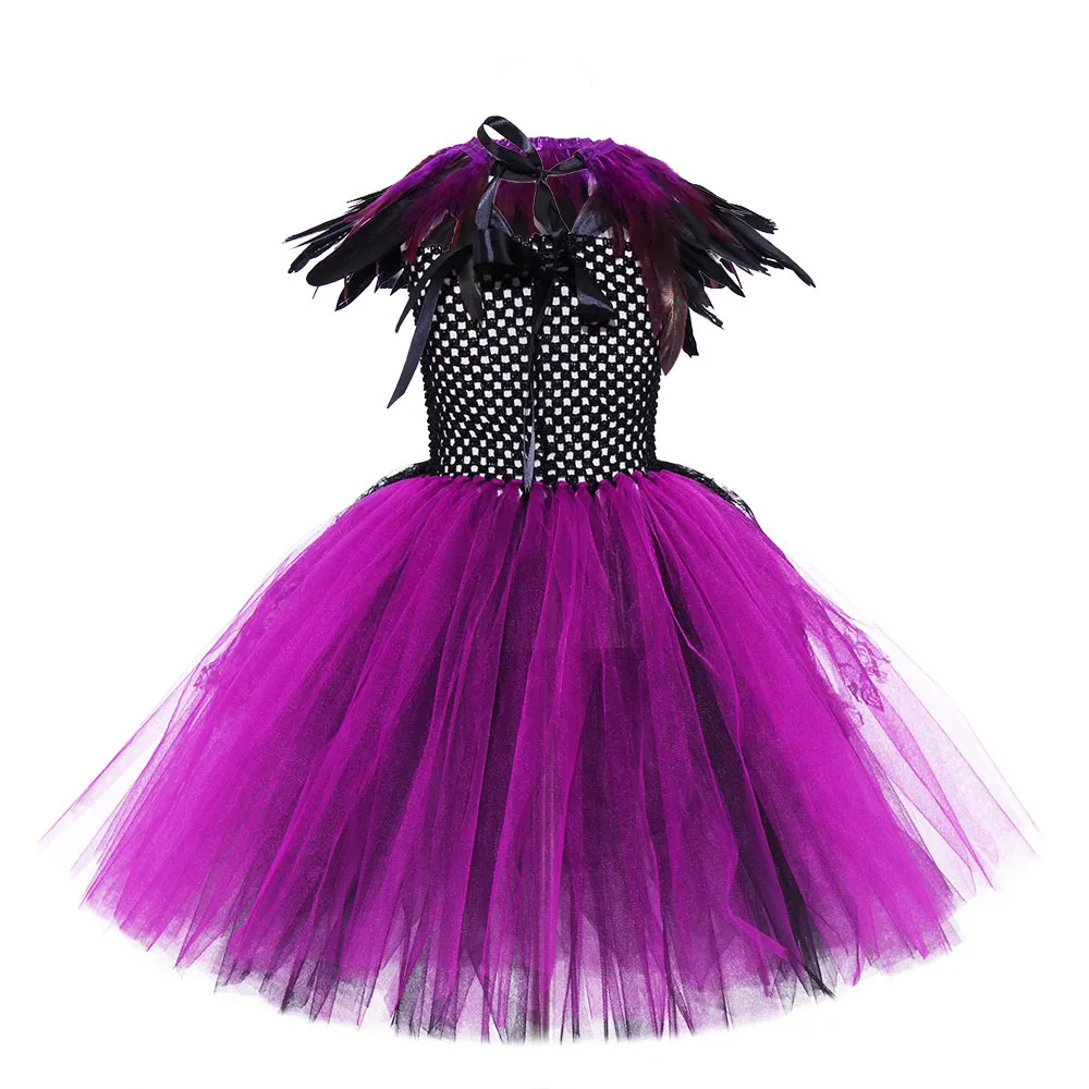 Girls Halloween Black Witch Cosplay Costumes with Big Wings Children Black Evil Queen Feather Purple Dresses for Kids Purim Carn