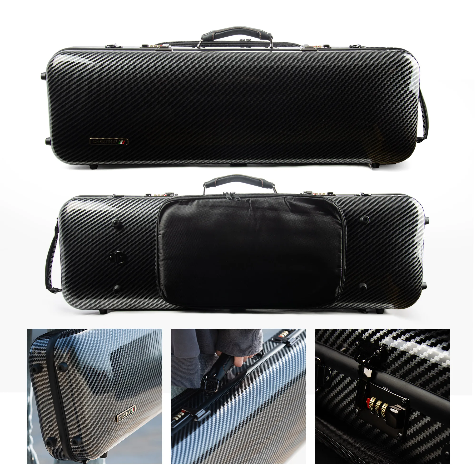 CHRISTINA Violin Case 4/4 Size Black Stripes Rectangular Hybrid Carbon Fiber NEW Style with Password Lock Sheet Music Bag BV01BS