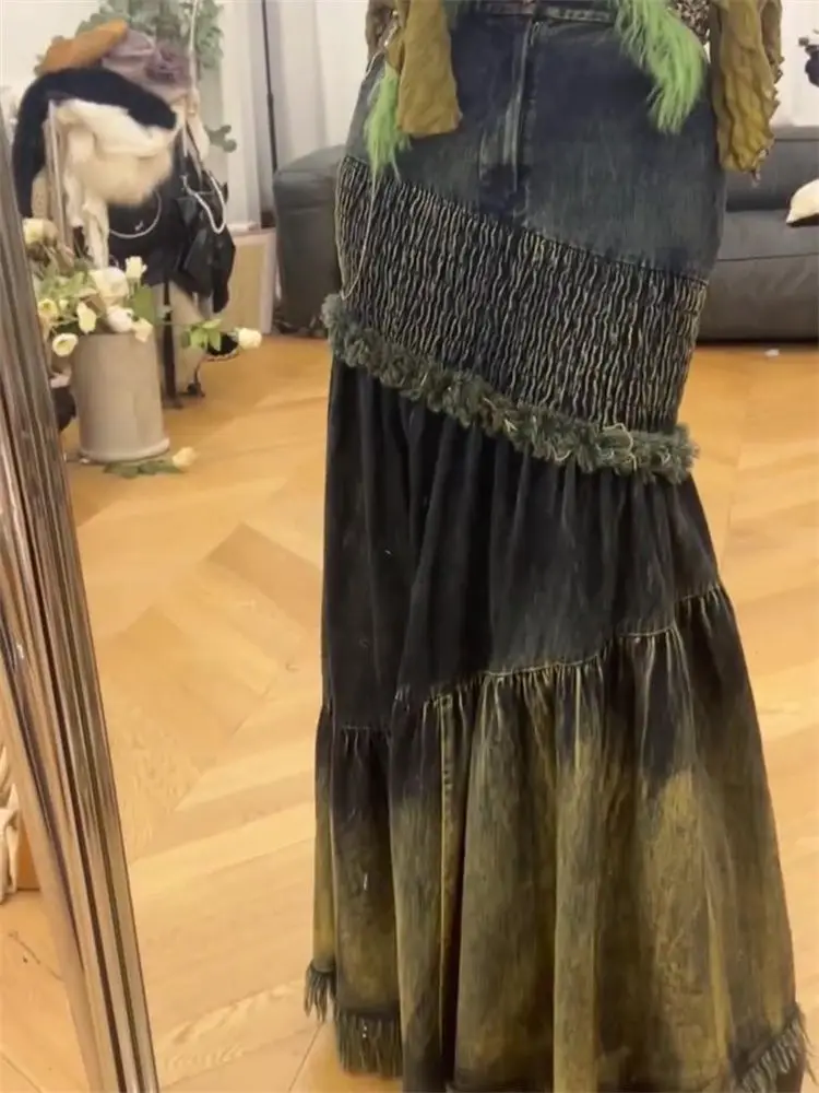 2025 ใหม่Patchwork Denim FishtailกระโปรงY2kแฟชั่นChicพู่กระโปรงผู้หญิงความยาวกลางSlimเอวFaldaเซ็กซี่Mujer