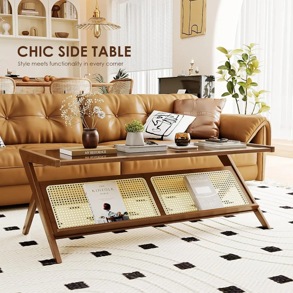 Medieval Modern Coffee Table with Glass Countertop and Rattan Center Table, Bohemian Style Coffee Table with Storage Space