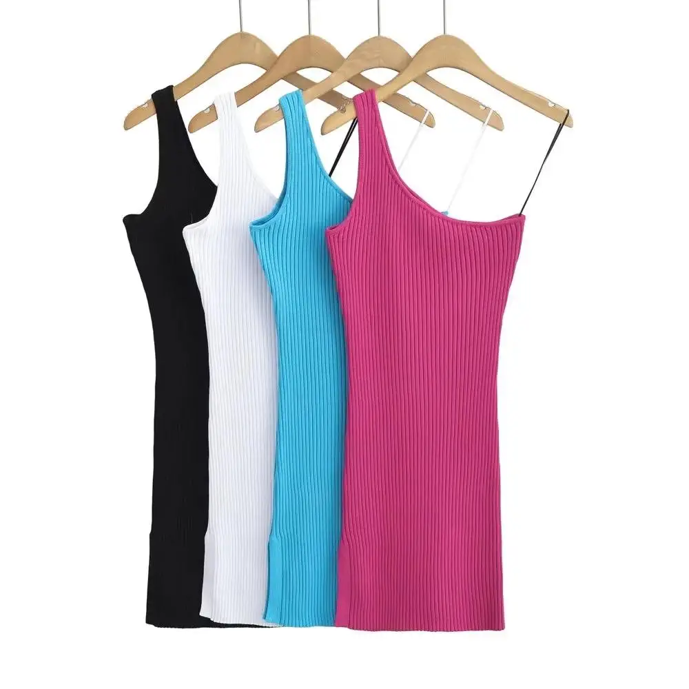 Summer One Shoulder Rib Knit Women's Dress Stretchable Slim Slash Neck 4 Colors