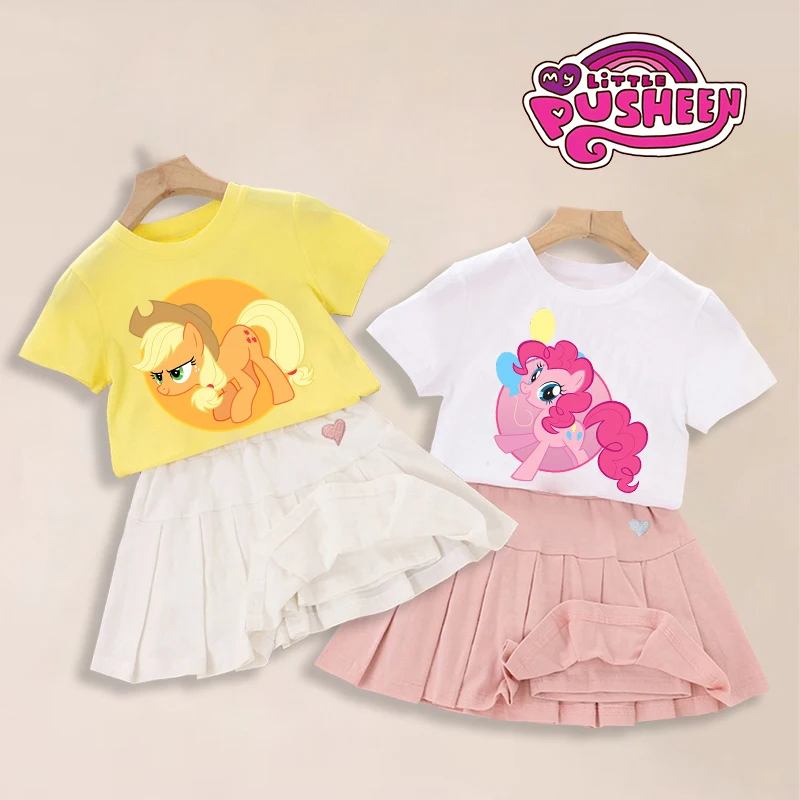 

Детский комплект со складками My Little Pony, летняя милая рубашка с короткими рукавами для девочек, юбки с вышивкой «Любовь», хлопковая детская одежда, подарки