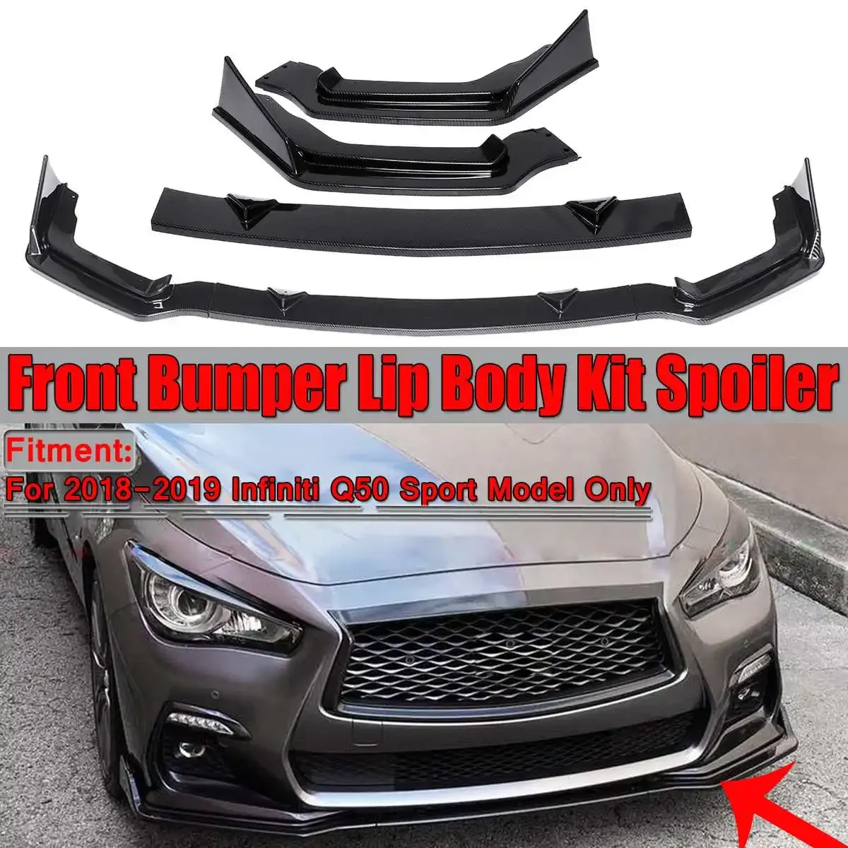 3PCS Carbon Fiber Look Detachable Car Front Bumper Lip Spoiler Splitter Diffuser Body Kit For Infiniti Q50 2018 2019 Sport Model