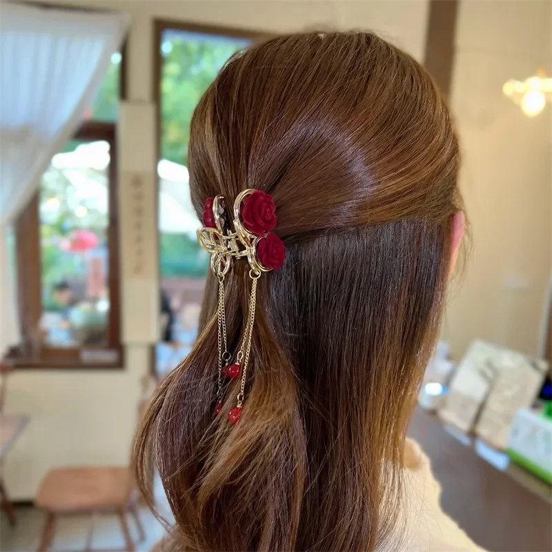 Vintage Female Elegant Red Flocked Rose Tassel Grab Clip New Girls Ponytail Claw Crab Clip Delicate Hair Clip Hair Accessories