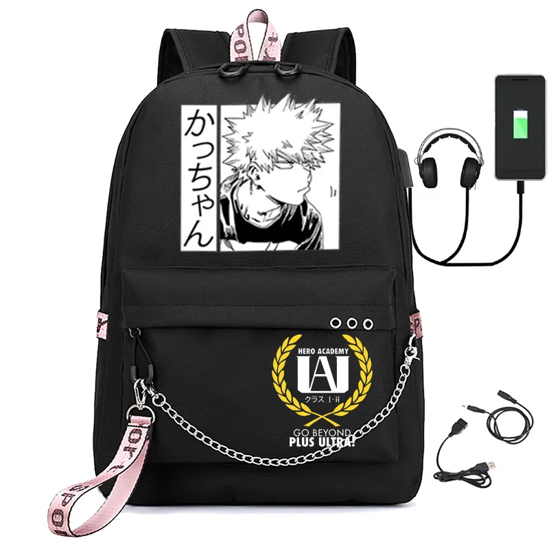 My Hero Academia Deku Bakugou Bok Anime USB Backpack School Book Bags Fans Travel Bags Laptop Chain Headphone