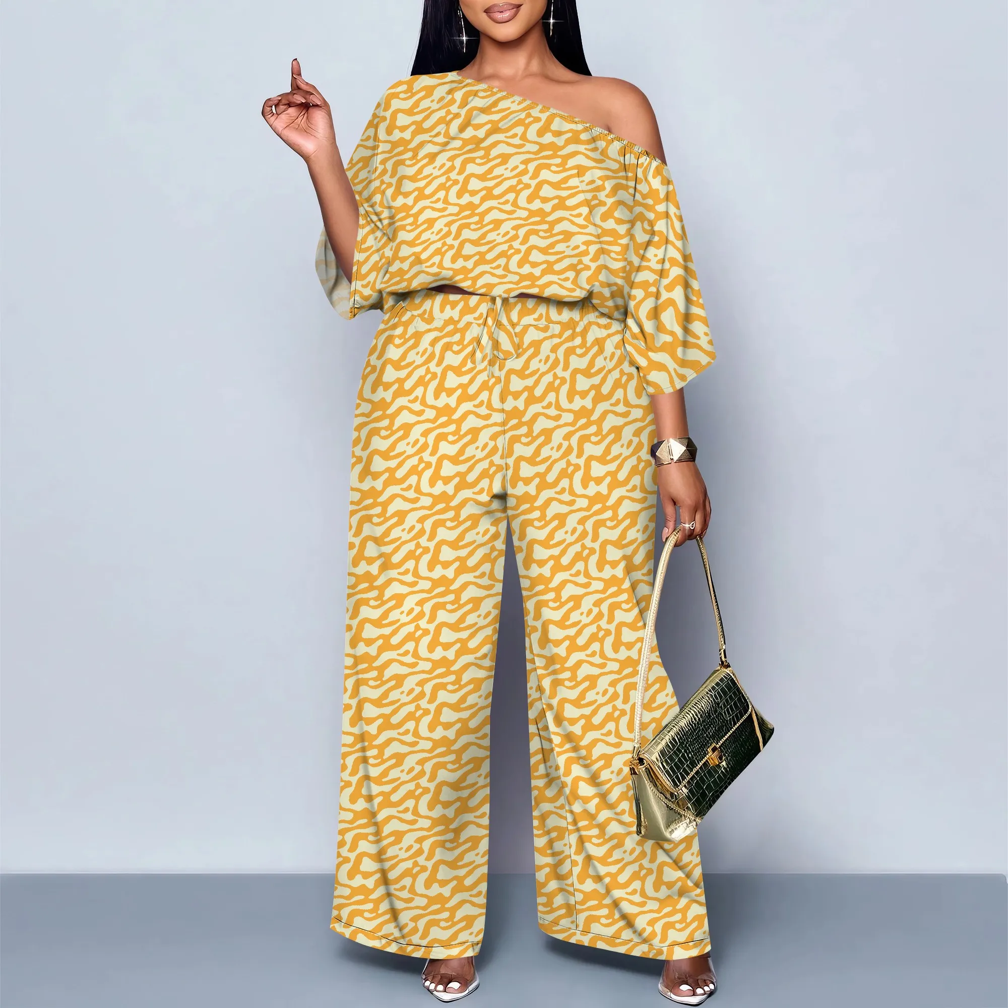 

Women 7-Sleeve Slant Shoulder Loose Two-Piece Outfit XS-3XL Elastic Sexy Print
