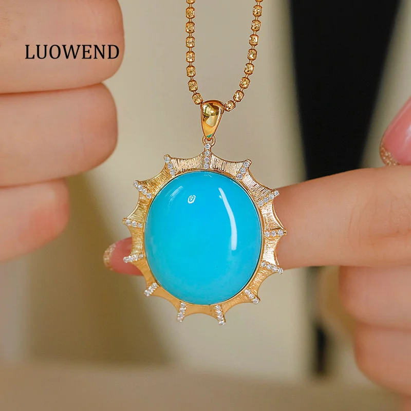 LUOWEND 100% 18K Yellow Gold Necklace Luxury Romantic Style Shiny Diamond Natural Turquoise Necklace for Women Party Jewelry