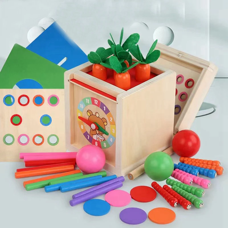 6-In-1 Kit giocattolo Montessori In legno oggetto Permanence Box Play Set con portamonete carota Harvest Shape Sorter Ball Drop Toy durevole