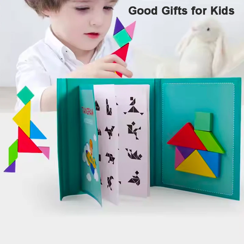 Magnetisches Tangram-Puzzlebuch, neues Wissenschafts- und Mathe-Holzpuzzle, pädagogisch für Kinder, das logisches Spiel lernen, geometrischer Formblock